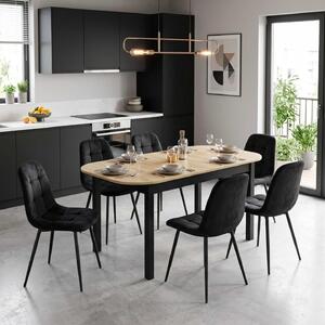 Set Masă Extensibilă Carla Stejar 134–174 × 80 cm cu 6 Scaune Gya Negre, Tapițate, Picioare Metalice Negre