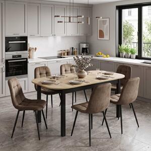 Set Masă Extensibilă Carla Stejar 134–174 × 80 cm cu 6 Scaune Gya Maro, Tapițate, Picioare Metalice Negre
