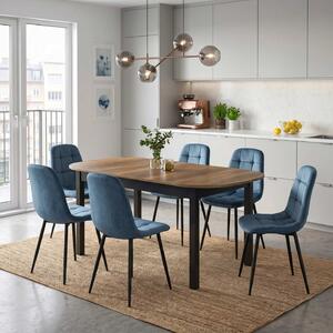 Set Masă Extensibilă Carla Nuc 134–174 × 80 cm cu 6 Scaune Gya Turcoaz, Tapițate, Picioare Metalice Negre