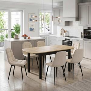 Set Masă Extensibilă Carla Stejar 134–174 × 80 cm cu 6 Scaune Gya Crem, Tapițate, Picioare Metalice Negre