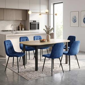 Set Masă Extensibilă Carla Stejar 134–174 × 80 cm cu 6 Scaune Gya Albastre, Tapițate, Picioare Metalice Negre