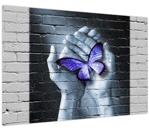 Tablou - Fluture violet pe perete (90x60 cm)