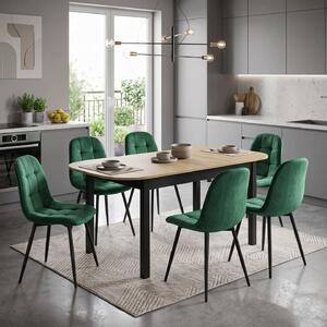 Set Masă Extensibilă Carla Stejar 134–174 × 80 cm cu 6 Scaune Gya Verde, Tapițate, Picioare Metalice Negre
