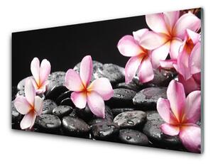 Panou sticla bucatarie Pietrele florale flori roz negru