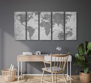 Tablou 5-piese harta lumii veche cu o busolă în design alb-negru