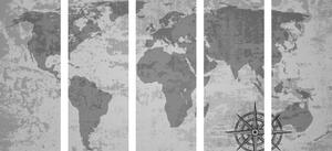 Tablou 5-piese harta lumii veche cu o busolă în design alb-negru