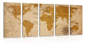 Tablou 5-piese harta lumii veche cu o busolă