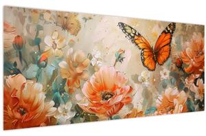 Tablou - Fluture și flori, pictură în ulei (120x50 cm)
