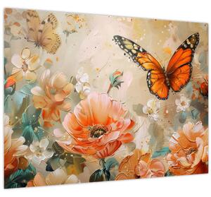 Tablou - Fluture și flori, pictură în ulei (70x50 cm)