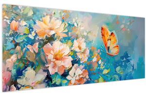 Tablou - Fluture și flori, pictură în ulei II. (120x50 cm)
