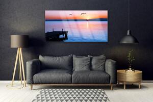 Tablou pe sticla Marea Podul Soare Peisaj Albastru Galben Negru