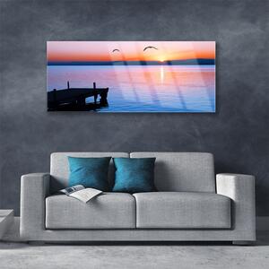 Tablou pe sticla Marea Podul Soare Peisaj Albastru Galben Negru