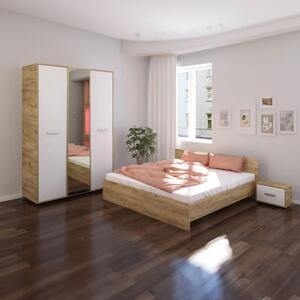 Set Mobila De Dormitor Hera Sonoma Alb, pat 160x200cm, dulap cu oglinda 124x187cm, noptiere , saltea inclusa