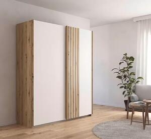 Dressing 181 cm lungime, 2 uși glisante, cu riflaje, culoare alb-stejar, 210 cm înălțime