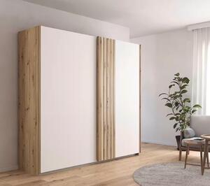 Dressing 226 cm lungime, 2 uși glisante, cu riflaje, culoare alb-stejar, 210 cm înălțime