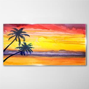 Tablou sticla Sunse de soare pe coasta de palmier