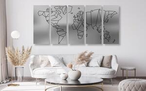 Tablou 5-piese harta lumii stilizată în design alb-negru