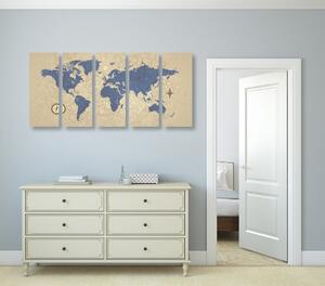 Tablou 5-piese harta lumii cu busolă în stil retro