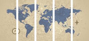 Tablou 5-piese harta lumii cu busolă în stil retro