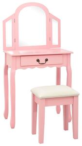 Masă toaletă cu taburet, roz, 65x36x128 cm, lemn paulownia, MDF
