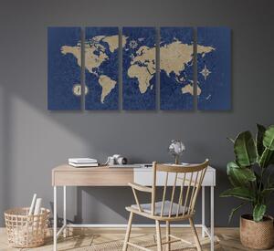 Tablou 5-piese harta lumii cu busolă în stil retro pe un fundal albastru