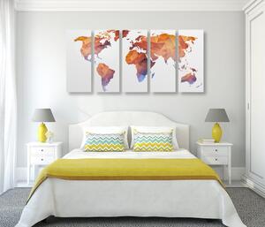 Tablou 5-piese harta poligonală a lumii în nuanță portocalie