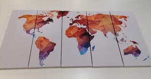 Tablou 5-piese harta poligonală a lumii în nuanță portocalie