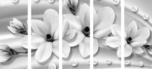 Tablou 5-piese magnolie de lux cu perle în design alb-negru