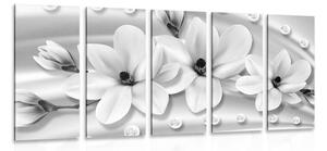 Tablou 5-piese magnolie de lux cu perle în design alb-negru