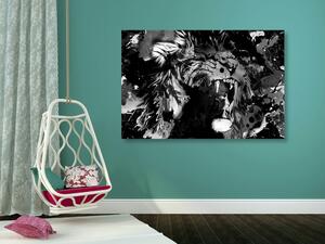 Tablou capul de leu colorat în design alb-negru