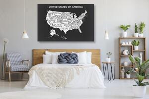 Tablou pe plută harta educațională a SUA în design alb-negru