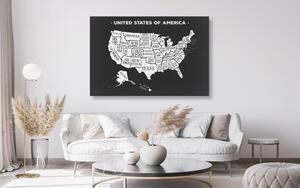 Tablou pe plută harta educațională a SUA în design alb-negru