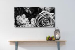 Tablou buchetul de trandafiri în stilul retro în design alb-negru