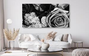 Tablou buchetul de trandafiri în stilul retro în design alb-negru