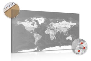 Tablou pe plută harta lumii elegantă vintage în alb-negru