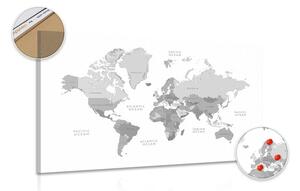 Tablou pe plută harta lumii în alb-negru în aspect vintage