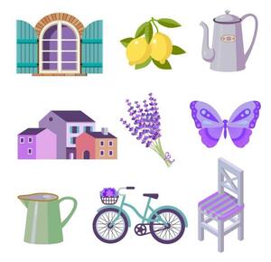 Ilustrație set of color flat vector icons for Provence travel, kukurikov, (40 x 40 cm)