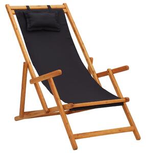 Scaun de plajă pliabil, negru, lemn masiv de eucalipt, textil