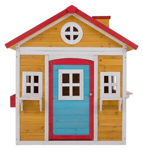 KONDELA Căsuţă de grădină din lemn pentru copii natural / alb / albastru / roşu, AVILO