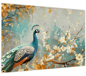 Tablou - Păun cu decor de aur (90x60 cm)