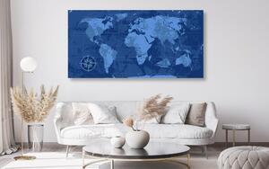 Tablou pe plută harta lumii rustică în culoare albastră