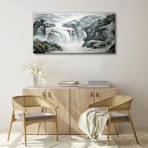 Tablou canvas Tufișuri de cascadă de râu de munte
