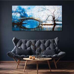 Tablou canvas iarnă râu copaci pod
