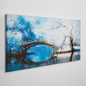 Tablou canvas iarnă râu copaci pod