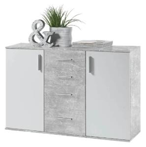 Comoda POPPY 5, alb/gri ciment, PAL melaminat, 120x35x82 cm