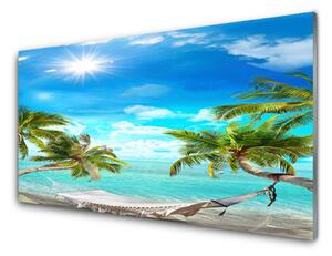 Panou sticla bucatarie Sun Sea Palm Hamac Peisaj Alb Albastru Maro Alb