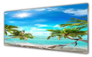 Tablou pe sticla Sun Sea Palm Hamac Peisaj Alb Albastru Maro Alb
