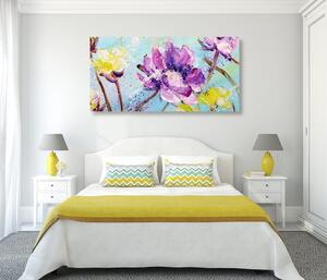 Tablou pictura florilor galbene și violete