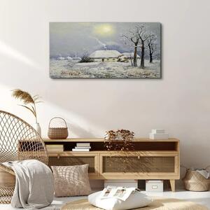 Tablou canvas colibă ​​în copaci din satul de iarnă