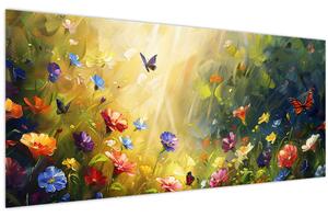 Tablou - Pajiște cu flori de primăvară, pictură (120x50 cm)